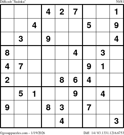 The grouppuzzles.com Difficult Sudoku puzzle for Monday January 19, 2026