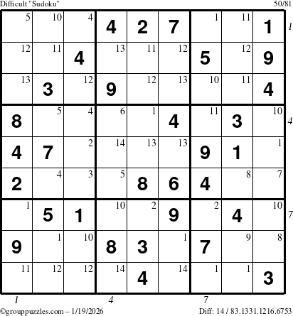 The grouppuzzles.com Difficult Sudoku puzzle for Monday January 19, 2026 with all 14 steps marked