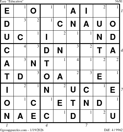 The grouppuzzles.com Easy Education-c1 puzzle for Monday January 19, 2026, suitable for printing, with all 4 steps marked