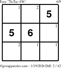 The grouppuzzles.com Easy TicTac-456 puzzle for Monday January 19, 2026 with the first 2 steps marked