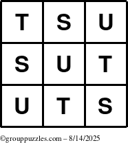 The grouppuzzles.com Answer grid for the TicTac-STU puzzle for Thursday August 14, 2025