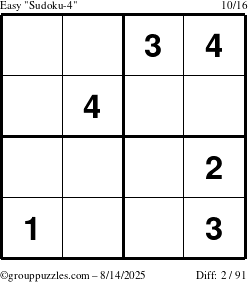 The grouppuzzles.com Easy Sudoku-4 puzzle for Thursday August 14, 2025