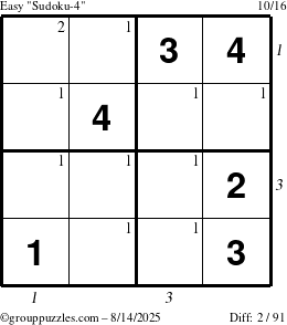 The grouppuzzles.com Easy Sudoku-4 puzzle for Thursday August 14, 2025 with all 2 steps marked