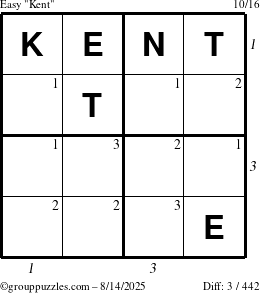 The grouppuzzles.com Easy Kent puzzle for Thursday August 14, 2025 with all 3 steps marked