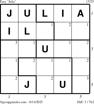 The grouppuzzles.com Easy Julia puzzle for Thursday August 14, 2025 with all 3 steps marked