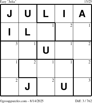 The grouppuzzles.com Easy Julia puzzle for Thursday August 14, 2025 with the first 3 steps marked