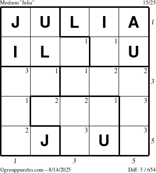 The grouppuzzles.com Medium Julia puzzle for Thursday August 14, 2025 with all 3 steps marked