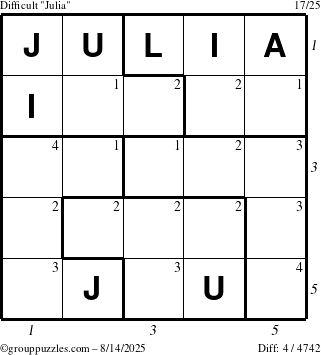 The grouppuzzles.com Difficult Julia puzzle for Thursday August 14, 2025, suitable for printing, with all 4 steps marked