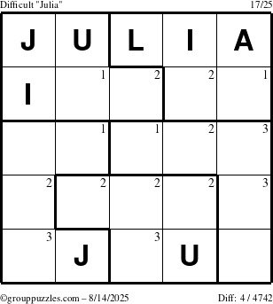 The grouppuzzles.com Difficult Julia puzzle for Thursday August 14, 2025 with the first 3 steps marked