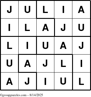 The grouppuzzles.com Answer grid for the Julia puzzle for Thursday August 14, 2025