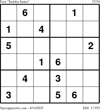 The grouppuzzles.com Easy Sudoku-Junior puzzle for Thursday August 14, 2025