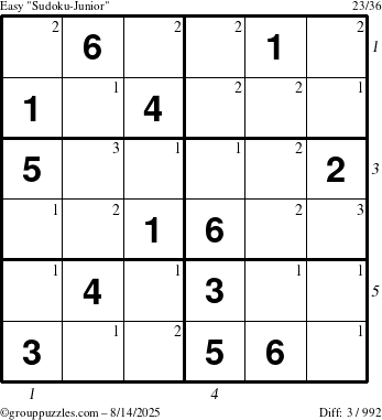 The grouppuzzles.com Easy Sudoku-Junior puzzle for Thursday August 14, 2025 with all 3 steps marked