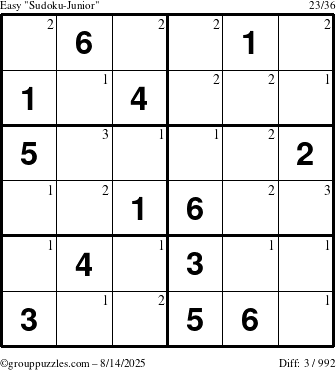 The grouppuzzles.com Easy Sudoku-Junior puzzle for Thursday August 14, 2025 with the first 3 steps marked