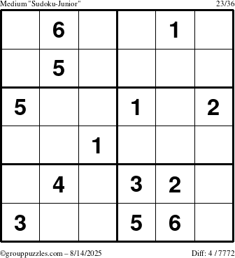 The grouppuzzles.com Medium Sudoku-Junior puzzle for Thursday August 14, 2025