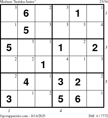 The grouppuzzles.com Medium Sudoku-Junior puzzle for Thursday August 14, 2025 with all 4 steps marked