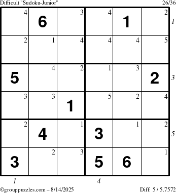 The grouppuzzles.com Difficult Sudoku-Junior puzzle for Thursday August 14, 2025 with all 5 steps marked