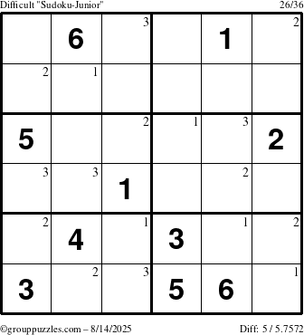 The grouppuzzles.com Difficult Sudoku-Junior puzzle for Thursday August 14, 2025 with the first 3 steps marked