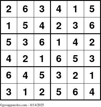The grouppuzzles.com Answer grid for the Sudoku-Junior puzzle for Thursday August 14, 2025