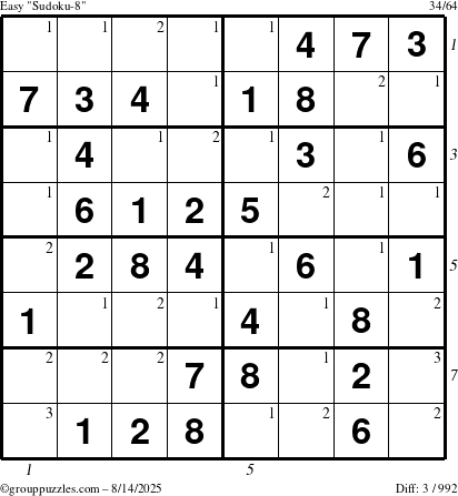 The grouppuzzles.com Easy Sudoku-8 puzzle for Thursday August 14, 2025 with all 3 steps marked