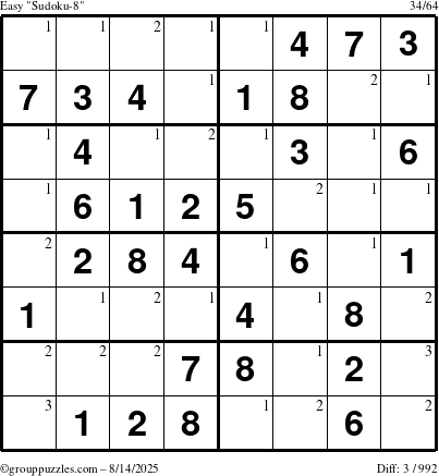 The grouppuzzles.com Easy Sudoku-8 puzzle for Thursday August 14, 2025 with the first 3 steps marked