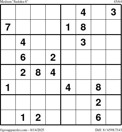 The grouppuzzles.com Medium Sudoku-8 puzzle for Thursday August 14, 2025