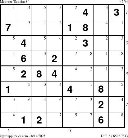 The grouppuzzles.com Medium Sudoku-8 puzzle for Thursday August 14, 2025 with all 8 steps marked