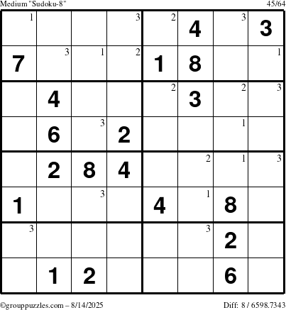 The grouppuzzles.com Medium Sudoku-8 puzzle for Thursday August 14, 2025 with the first 3 steps marked