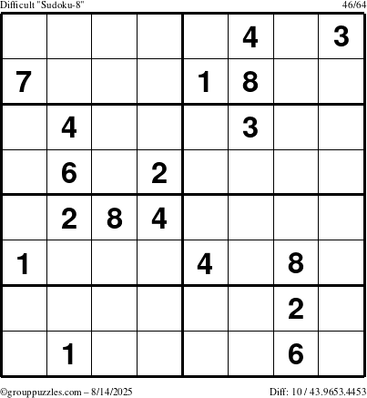 The grouppuzzles.com Difficult Sudoku-8 puzzle for Thursday August 14, 2025