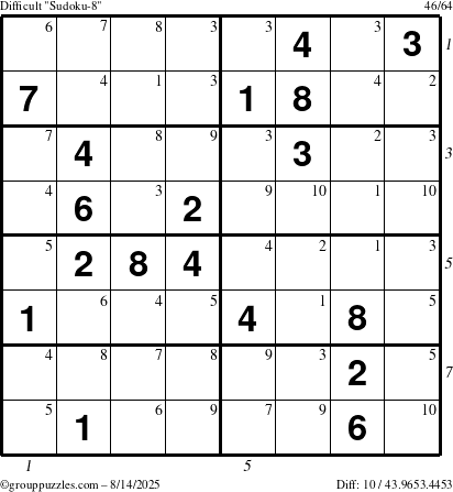 The grouppuzzles.com Difficult Sudoku-8 puzzle for Thursday August 14, 2025 with all 10 steps marked