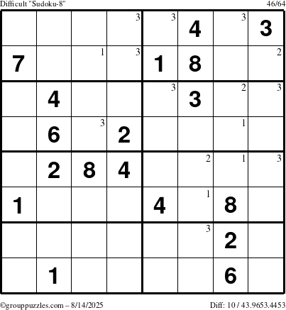 The grouppuzzles.com Difficult Sudoku-8 puzzle for Thursday August 14, 2025 with the first 3 steps marked