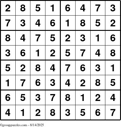 The grouppuzzles.com Answer grid for the Sudoku-8 puzzle for Thursday August 14, 2025