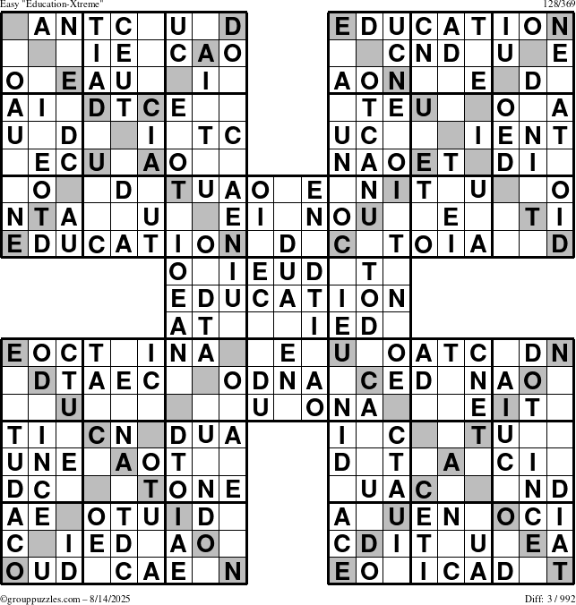 The grouppuzzles.com Easy Education-Xtreme puzzle for Thursday August 14, 2025