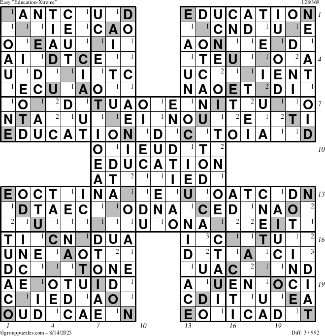 The grouppuzzles.com Easy Education-Xtreme puzzle for Thursday August 14, 2025 with all 3 steps marked