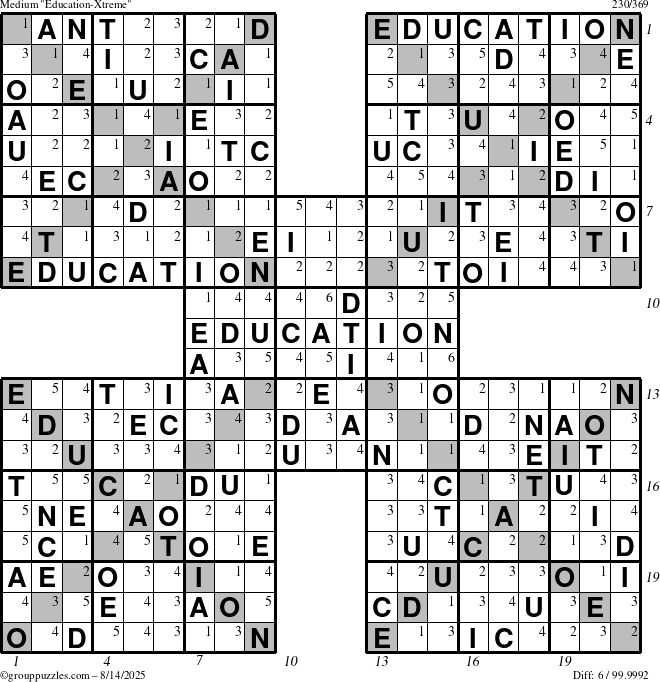 The grouppuzzles.com Medium Education-Xtreme puzzle for Thursday August 14, 2025 with all 6 steps marked
