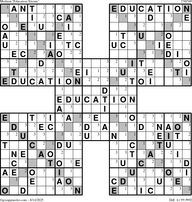 The grouppuzzles.com Medium Education-Xtreme puzzle for Thursday August 14, 2025 with the first 3 steps marked