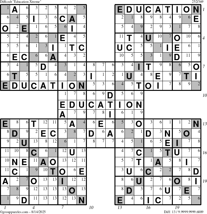 The grouppuzzles.com Difficult Education-Xtreme puzzle for Thursday August 14, 2025 with all 13 steps marked