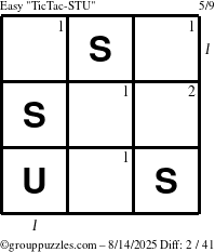 The grouppuzzles.com Easy TicTac-STU puzzle for Thursday August 14, 2025 with all 2 steps marked