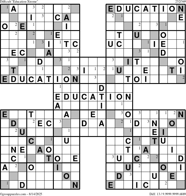 The grouppuzzles.com Difficult Education-Xtreme puzzle for Thursday August 14, 2025 with the first 3 steps marked