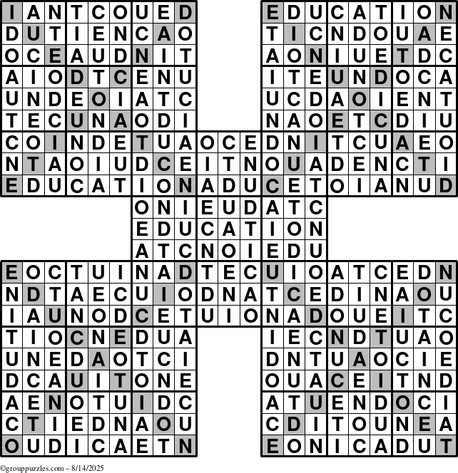 The grouppuzzles.com Answer grid for the Education-Xtreme puzzle for Thursday August 14, 2025
