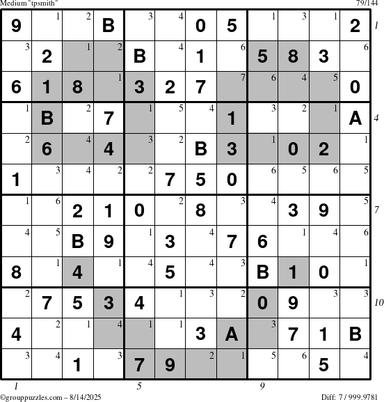 The grouppuzzles.com Medium tpsmith puzzle for Thursday August 14, 2025 with all 7 steps marked