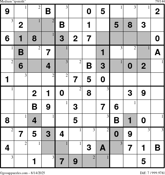 The grouppuzzles.com Medium tpsmith puzzle for Thursday August 14, 2025 with the first 3 steps marked