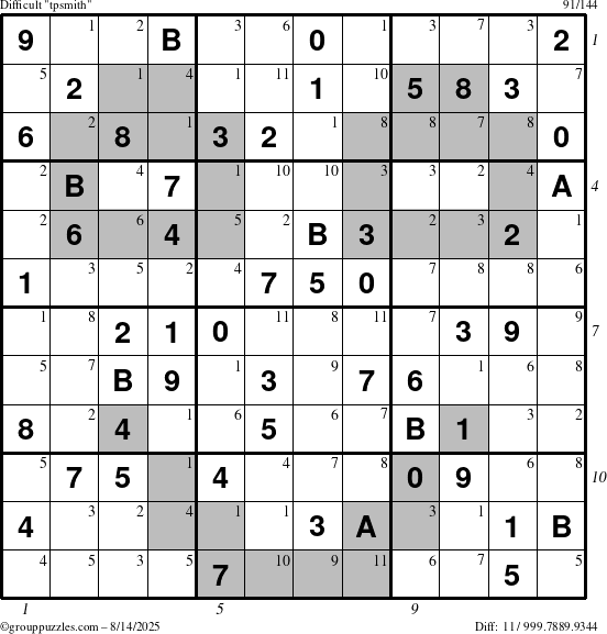 The grouppuzzles.com Difficult tpsmith puzzle for Thursday August 14, 2025 with all 11 steps marked