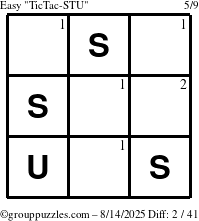 The grouppuzzles.com Easy TicTac-STU puzzle for Thursday August 14, 2025 with the first 2 steps marked