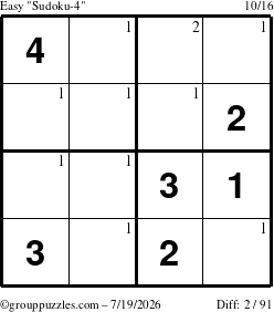 The grouppuzzles.com Easy Sudoku-4 puzzle for Sunday July 19, 2026 with the first 2 steps marked
