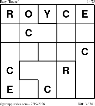 The grouppuzzles.com Easy Royce puzzle for Sunday July 19, 2026