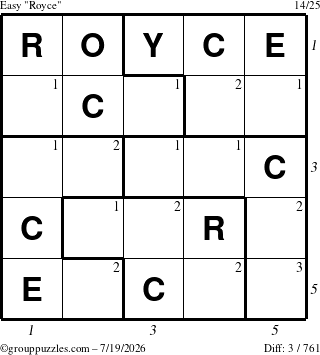 The grouppuzzles.com Easy Royce puzzle for Sunday July 19, 2026, suitable for printing, with all 3 steps marked