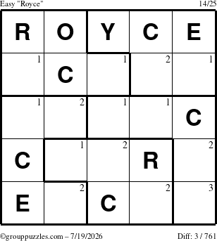 The grouppuzzles.com Easy Royce puzzle for Sunday July 19, 2026 with the first 3 steps marked