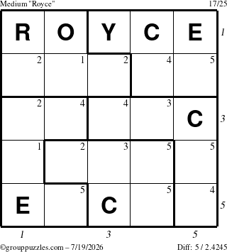 The grouppuzzles.com Medium Royce puzzle for Sunday July 19, 2026 with all 5 steps marked