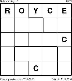 The grouppuzzles.com Difficult Royce puzzle for Sunday July 19, 2026