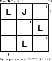 The grouppuzzles.com Easy TicTac-JKL puzzle for Sunday July 19, 2026, suitable for printing, with all 2 steps marked